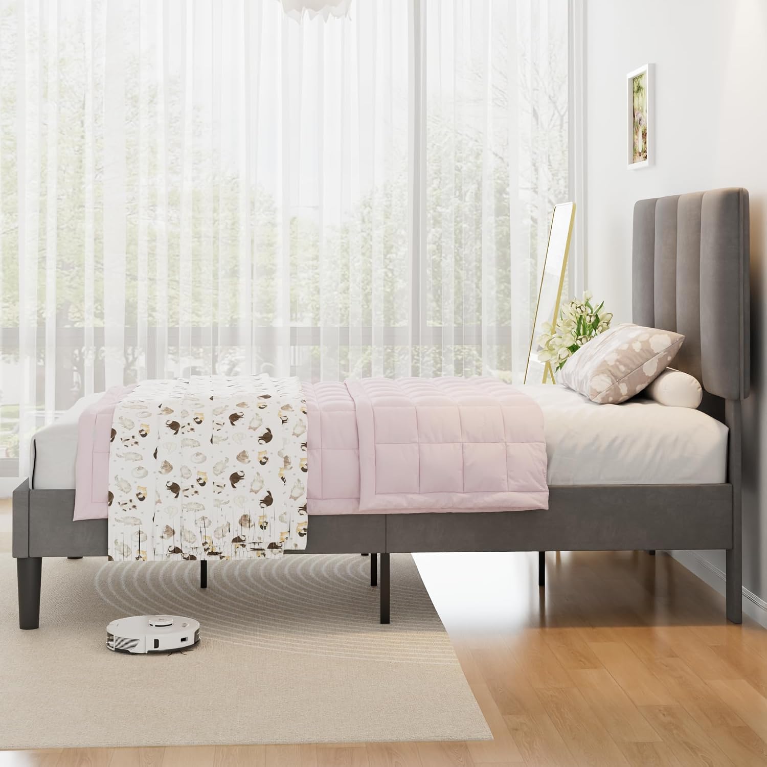 VECELO Twin Size Bed Frame with Upholstered Headboard, Heavy-Duty Bedframe with Wooden Slats & Steel Framework, Easy Assembly, Dark Grey