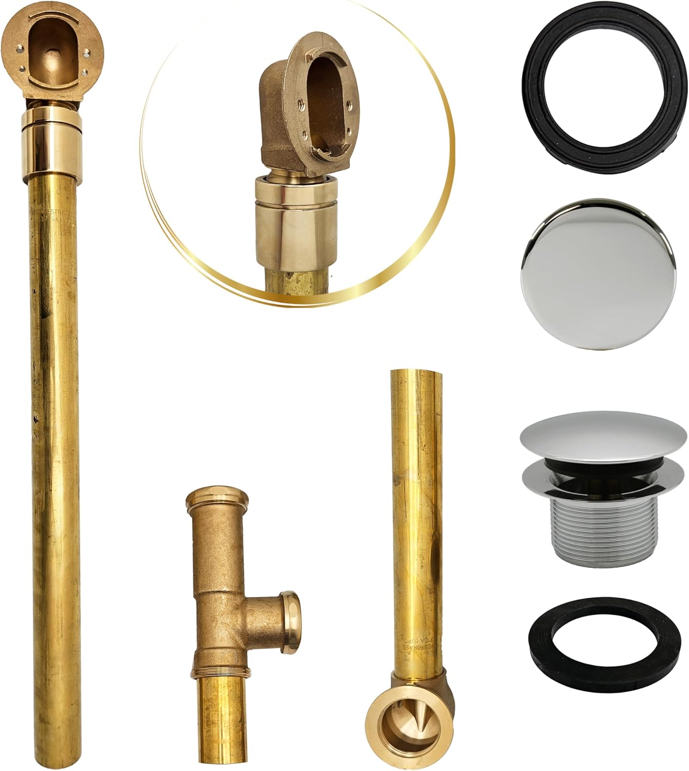 Westbrass A326HBJ-05 25' Brass Bath Waste & Overflow Assembly with European Tip-Toe Drain Plug and Illusionary Faceplate, Polished Nickel