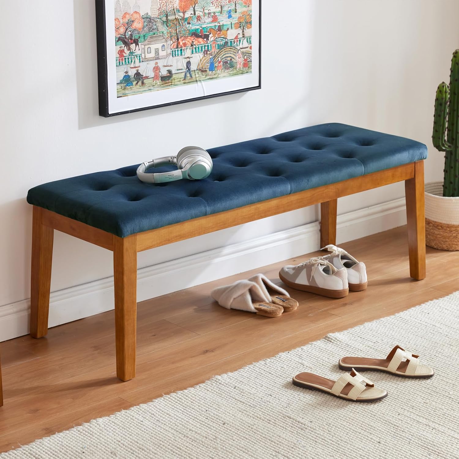 Ottoman Bench Upholstered Padded Seat with Solid Wood Legs and Button-Tufted, Big Oversized Ottoman, Velvet Navy