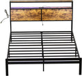 HAUSOURCE Queen Bed Frame with Storage Headboard LED Lights Metal Platform Non-Slip Without Noise Mattress Foundation Strong Metal Slats Support No Box Spring Needed