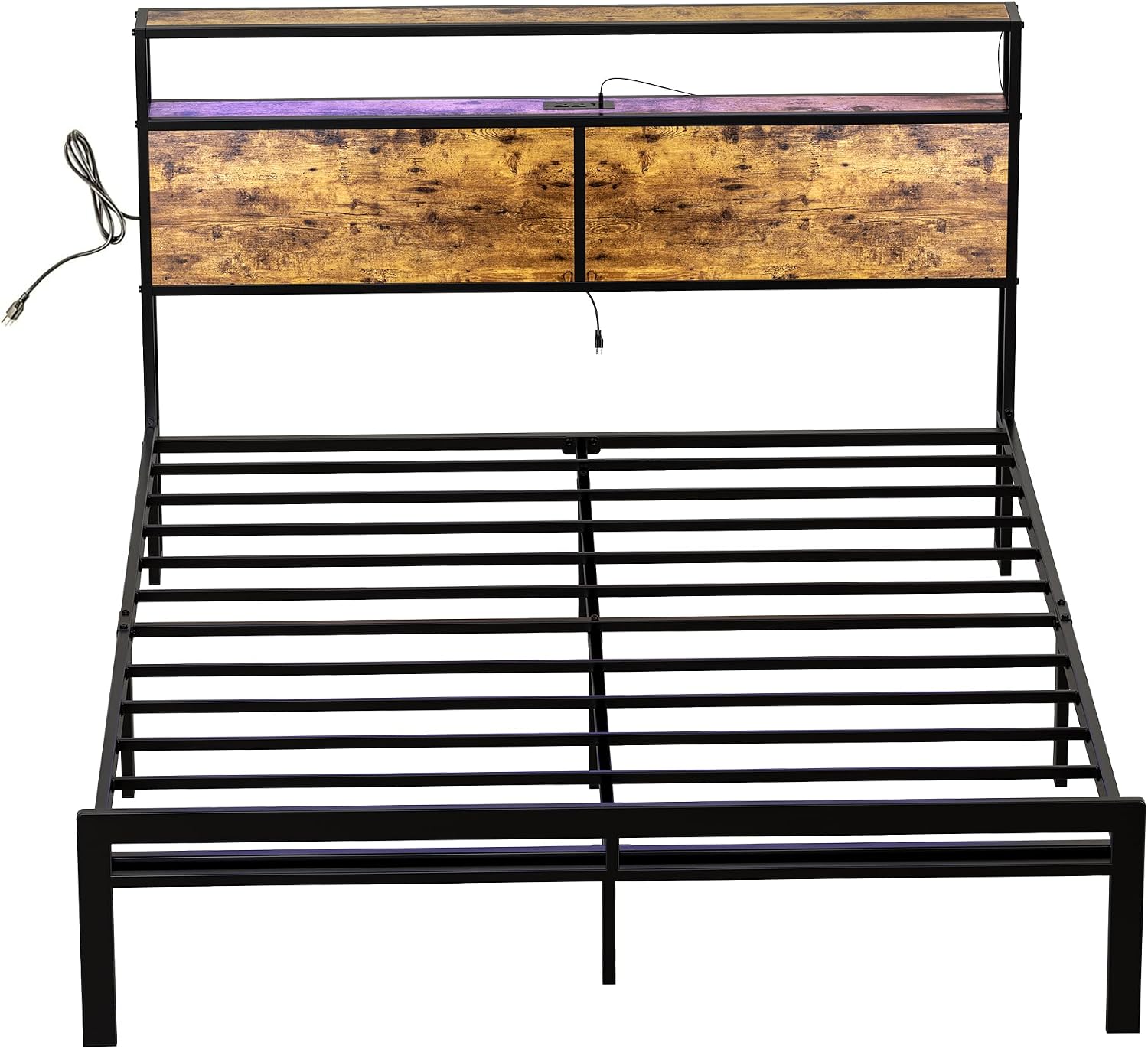HAUSOURCE Queen Bed Frame with Storage Headboard LED Lights Metal Platform Non-Slip Without Noise Mattress Foundation Strong Metal Slats Support No Box Spring Needed