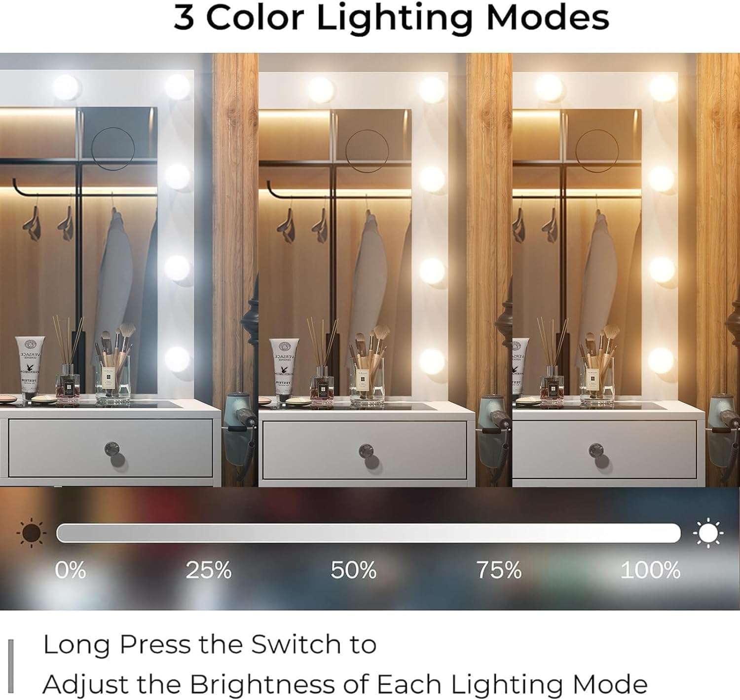 FUSOU Vanity Desk with Power Outlet, Makeup Vanity with Mirror and 12 LED Lights, 3 Lighting Modes,11 Drawers Vanity Table with Chair, Glass Top, Dressing Table for Bedroom,Dressing Room, White
