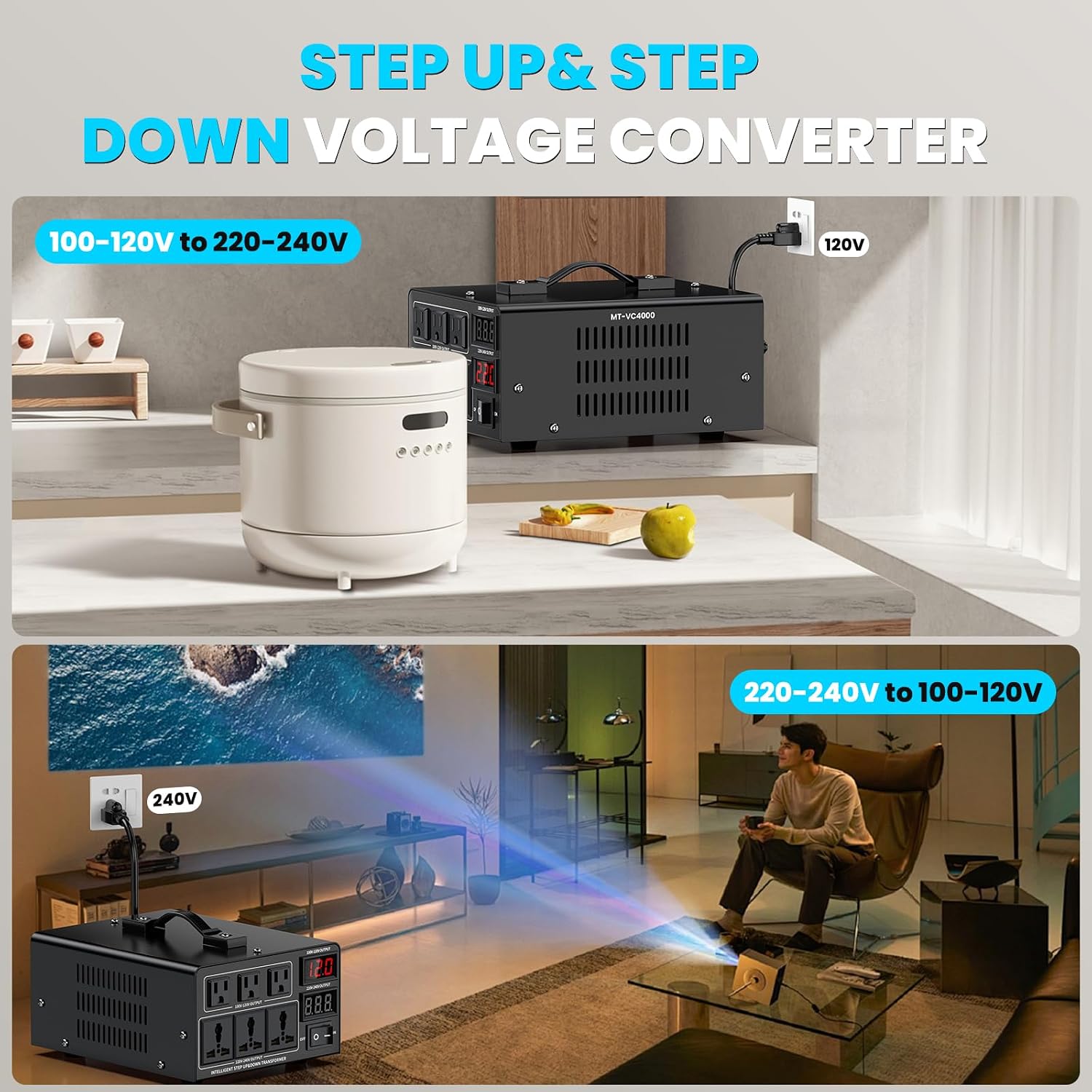 4000W Voltage Converter Transformer(110V to 220V or 220V to 110V) Step Up/Down Converter 110/120 Volt - 220/240 Volt w/US Power Cord,Circuit Breaker Protection, LCD Screen Display