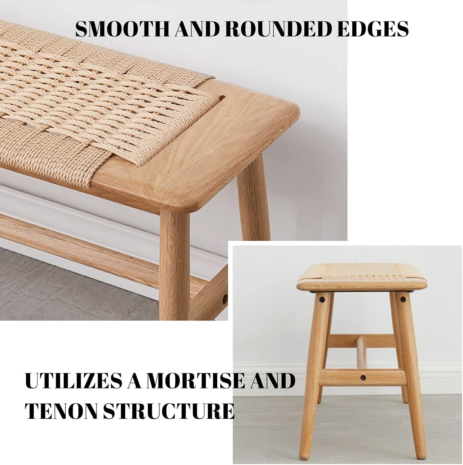 100% Solid Oak Wood Bench,Hand Woven Design,Solid Mortise and Tenon Construction-Solid Structure of Chair Legs,Woven Rattan Entryway Benchs/Dining Bench (Natural Oak,31.49'*11.81'*15.98')