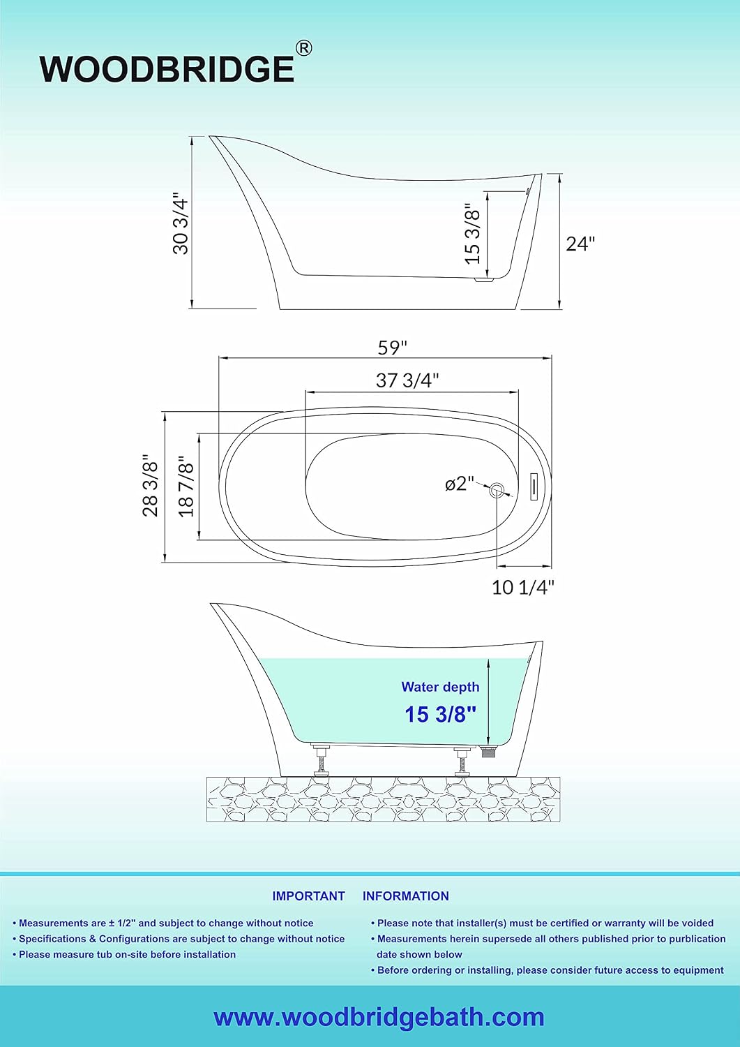 WOODBRIDGE 59' Acrylic Freestanding Bathtub Contemporary Soaking White Tub with Oil Rubbed Bronze Overflow and Drain，B0029-ORB-Drain&O