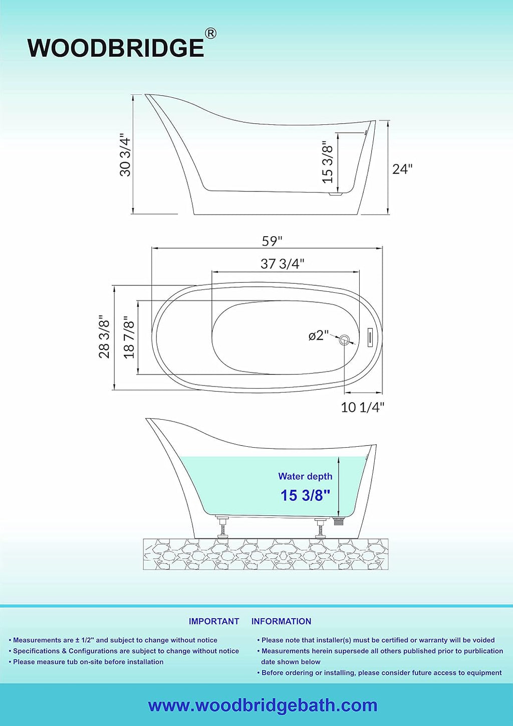 WOODBRIDGE 59' Acrylic Freestanding Bathtub Contemporary Soaking White Tub with Chrome Overflow and Drain，B0029-C-Drain&O