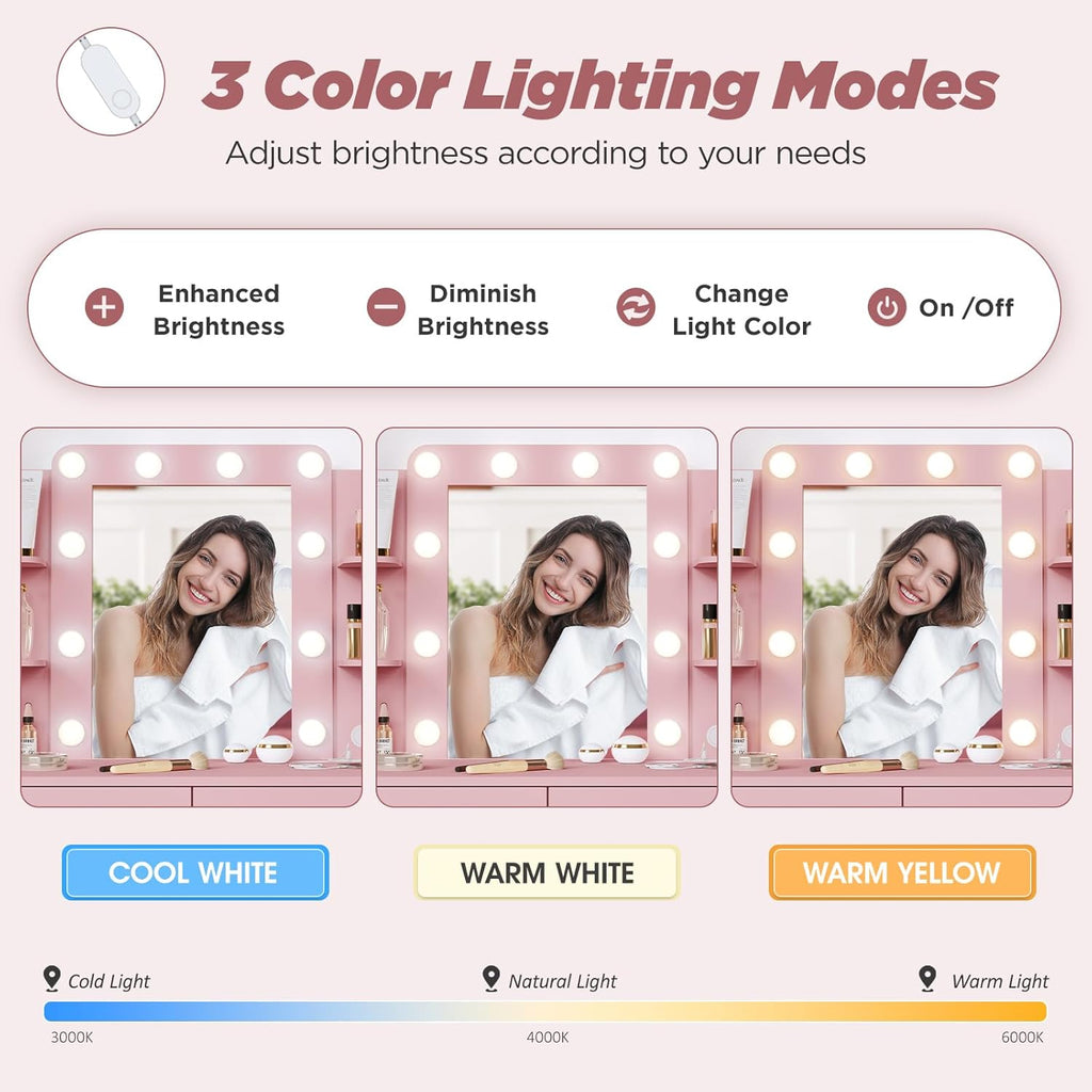 Vabches Vanity Desk with Lights,Makeup Vanity with Power Strip,Dressing Table Set with 2 Large Drawers,Vanity Mirror 3 Lighting Color Adjustable,Pink