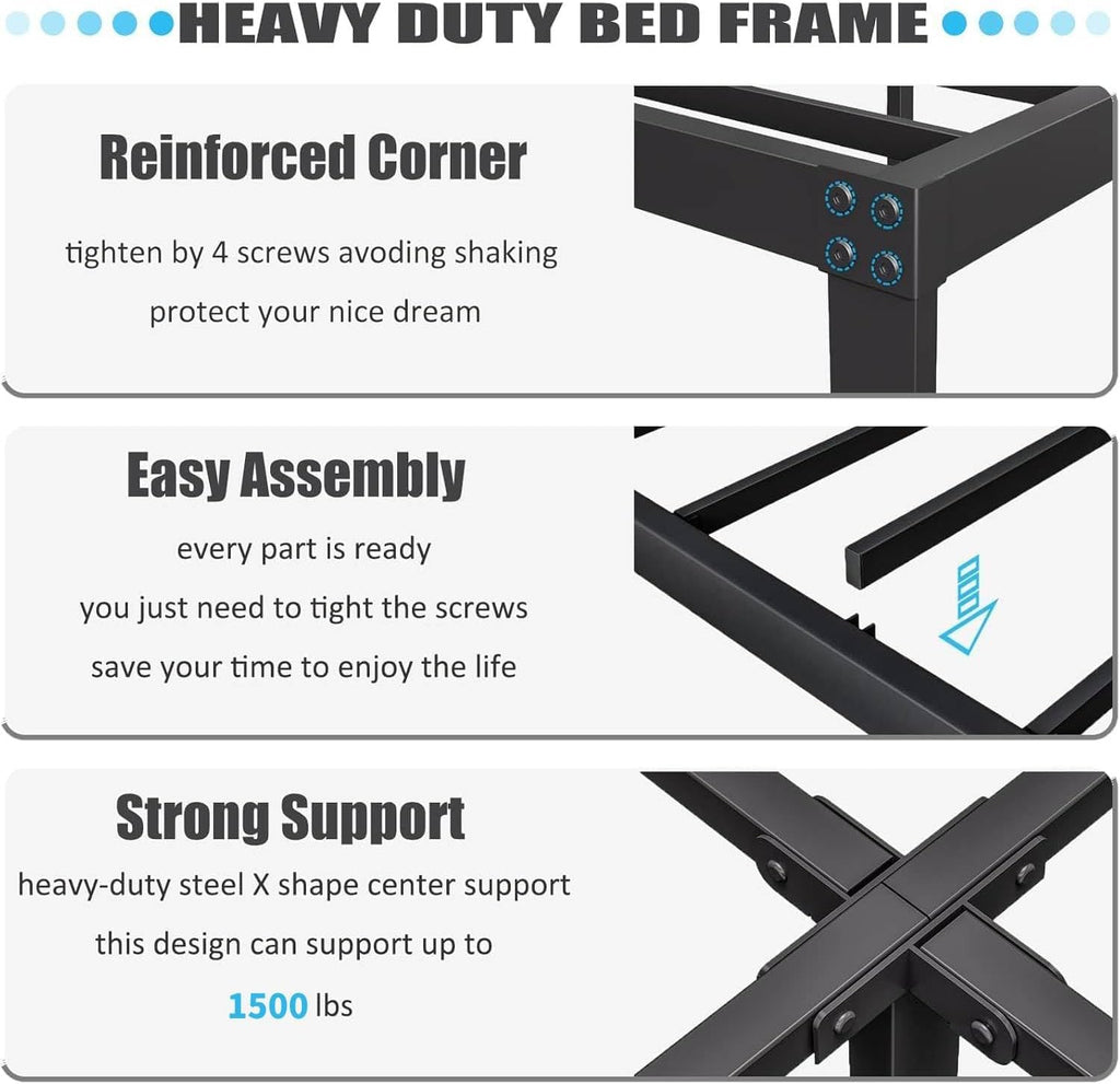 ZIYOO 14 Inch King Size Bed Frame with Headboard, Heavy Duty Steel Slats with 1500 Pounds Support for Mattress, No Box Spring Needed, Easy Assembly, Noise Free—Black