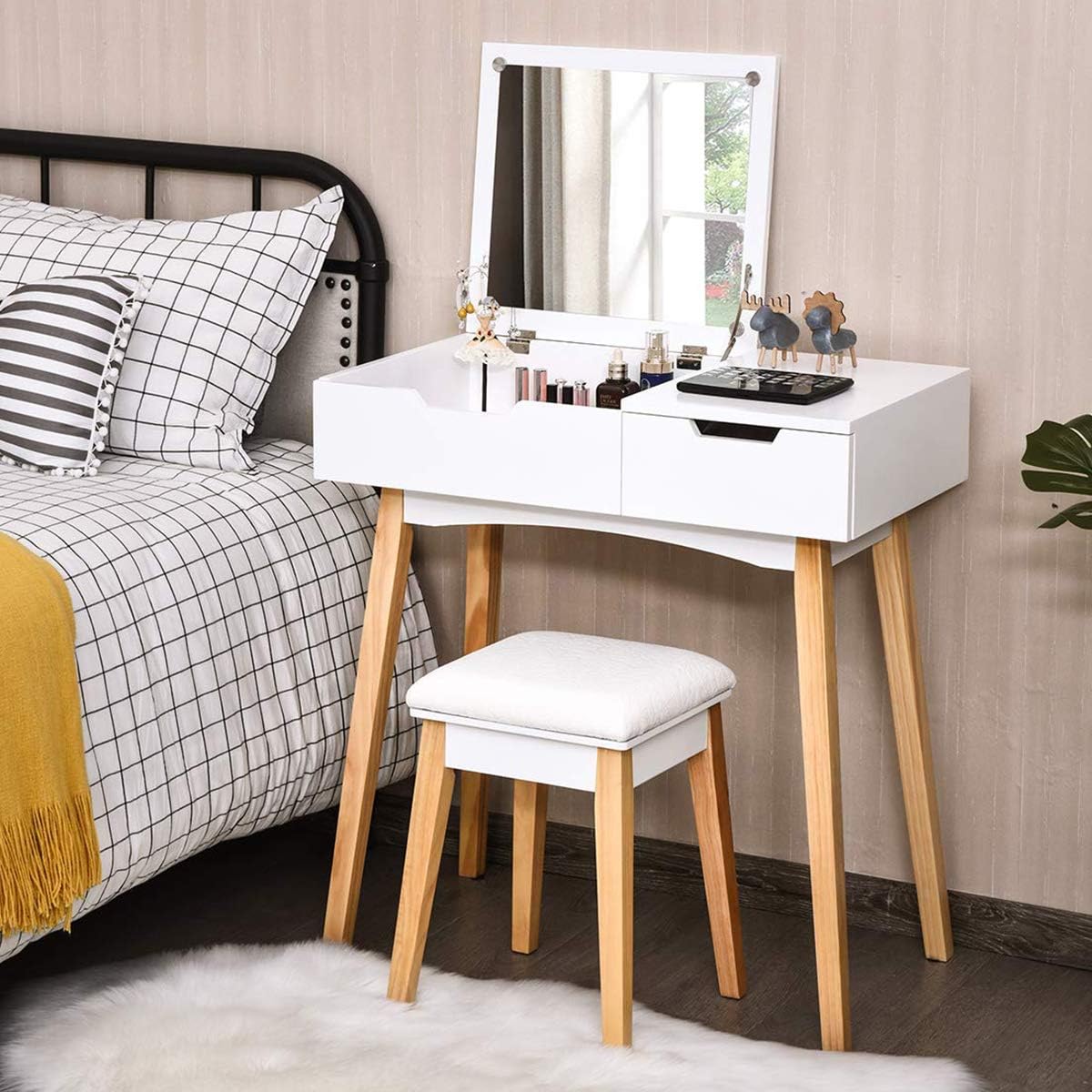 CHARMAID Vanity Table with Flip Top Mirror and Stool, Wooden Makeup Table Writing Desk with Drawer, Storage Compartment, Bedroom White Dressing Vanity Set for Kids Girls Women, Easy Assembly