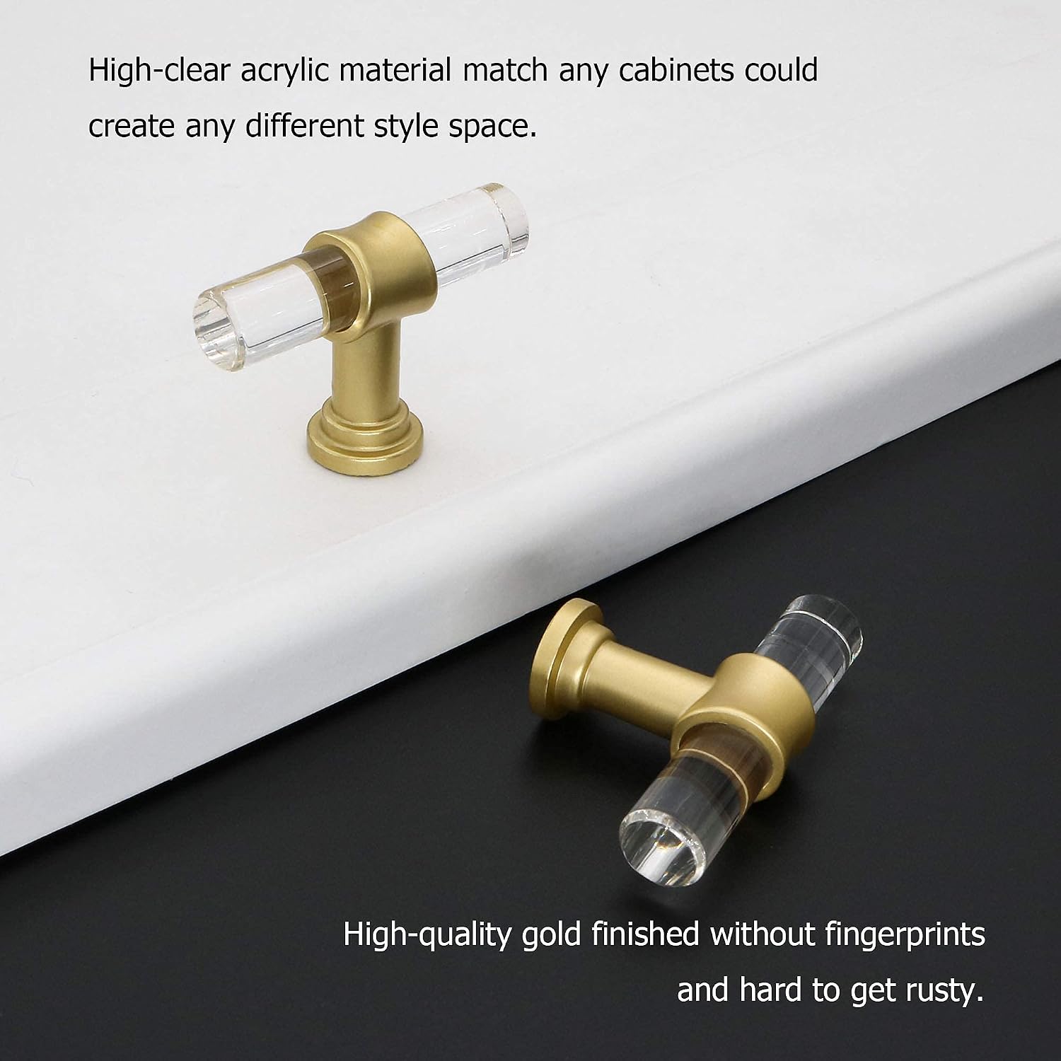 LONTAN 100 Pack Acrylic Kitchen Cabinet Knobs Gold Drawer Knobs Modern T Bar Clear Cabinet Door Handles White Kitchen Hardware for Dresser Bathroom,Zinc Alloy Base