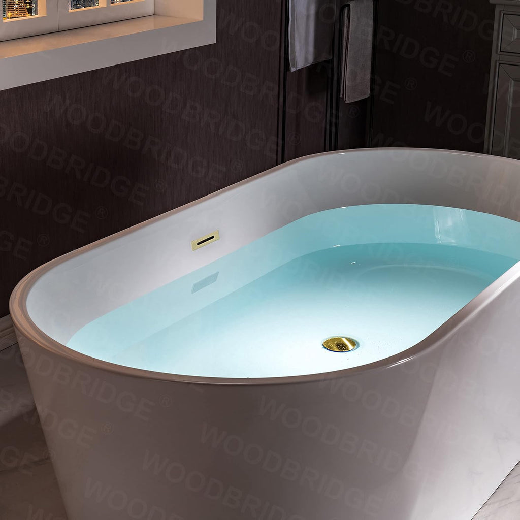 WOODBRIDGE 67' Acrylic Freestanding Bathtub Contemporary Soaking White Tub with Brushed Gold Overflow and Drain，B0013 -BG-Drain &O