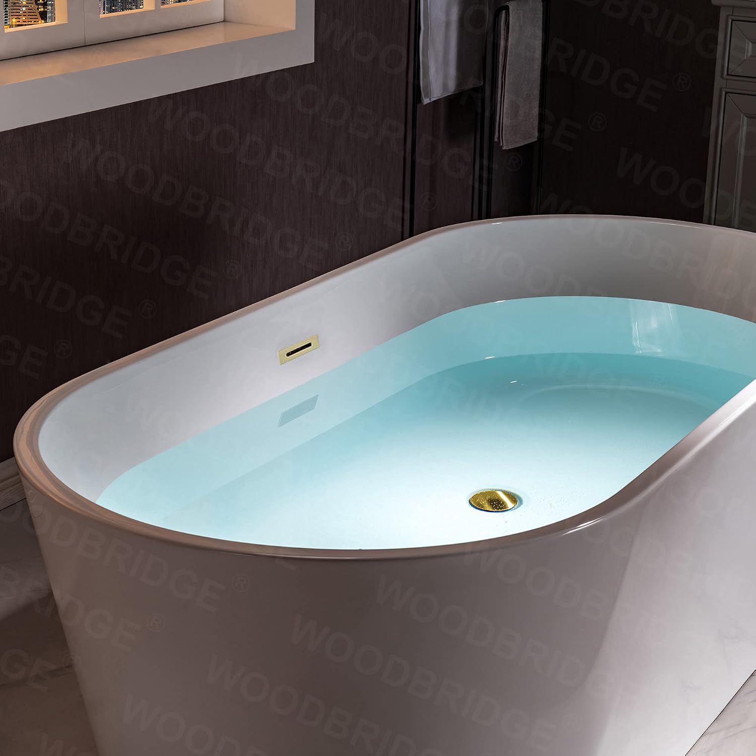 WOODBRIDGE 67' Acrylic Freestanding Bathtub Contemporary Soaking White Tub with Brushed Gold Overflow and Drain，B0013 -BG-Drain &O