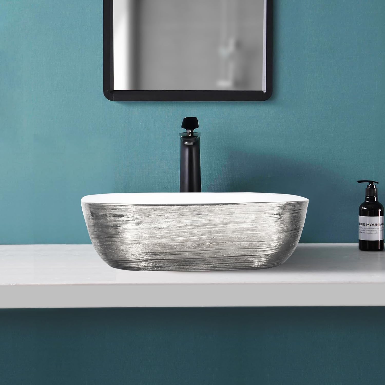 Strictly Sinks 19 Inch Bathroom Vessel Sink – Rectangular Silver & White Porcelain Countertop Bathroom Sink – Easy to Install Above Counter Luxurious Vessel Sink for Bathroom (19-3/4″ W x 16″ L x 6″H)