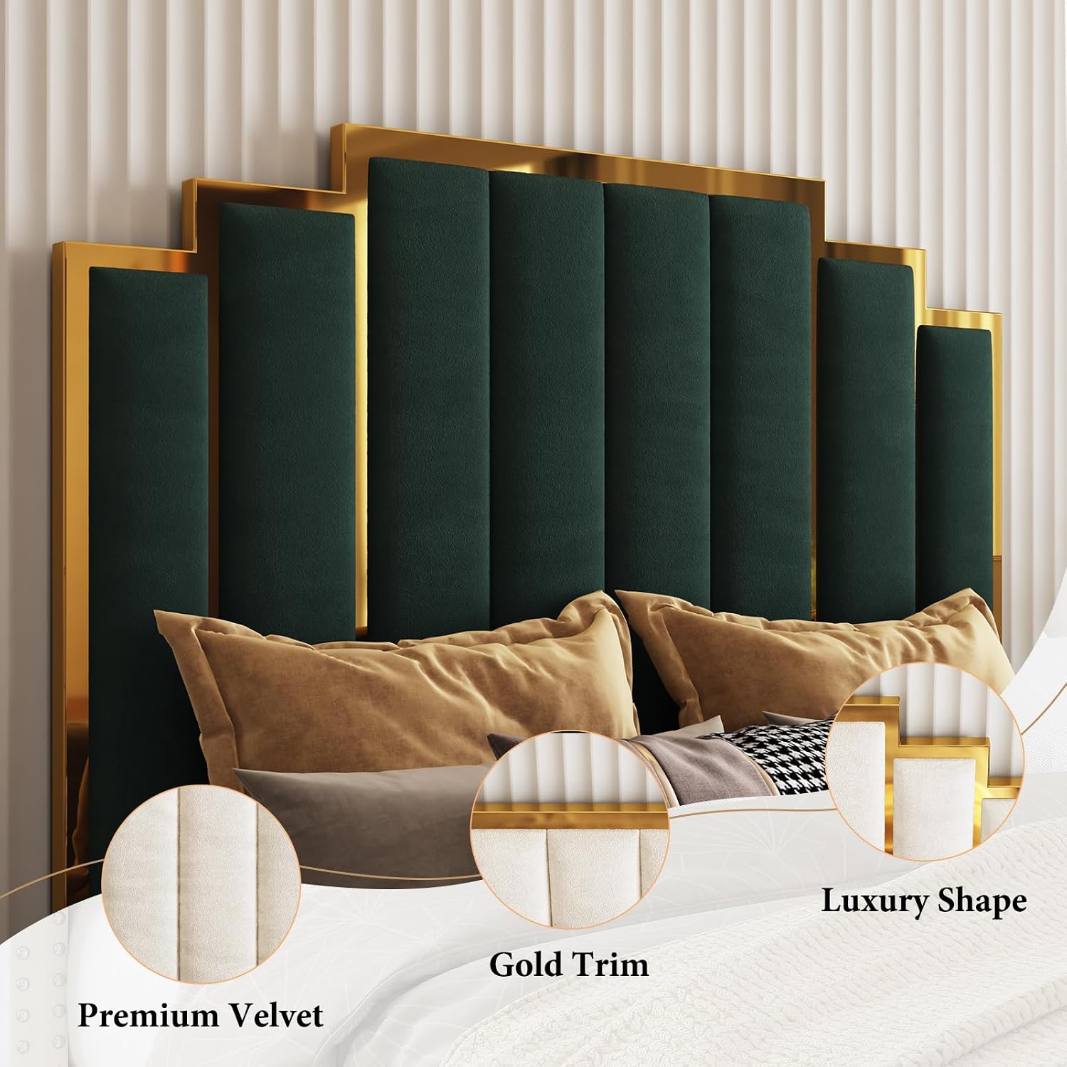 AMERLIFE Queen Size Upholstered Bed, Modern Velvet Bed Frame with 61.4' Tall Gold Trim Headboard, No Box Spring Needed, Green