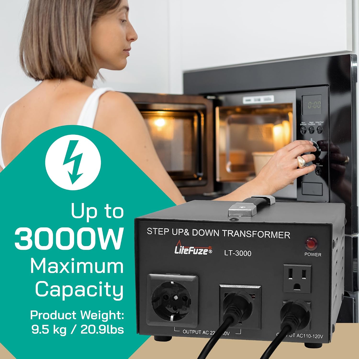 LiteFuze LT Series 3000 Watt Voltage Converter Transformer Step Up/Down - 110v to 220v / 220v to 110v Power Converter - Fully Grounded Cord - Universal Socket, CE Certified