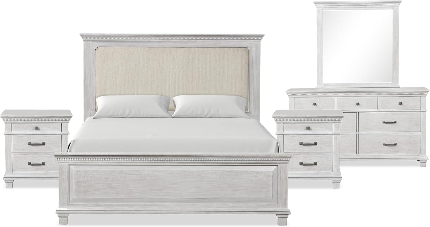 Furniture of America Deborah Modern Solid Wood 5-Piece Bedroom Set with Fabric Headboard, Dentil Molding, Black Square Knob, Felt-Lined Top Drawers, Box Spring Needed, King, Weathered Gray