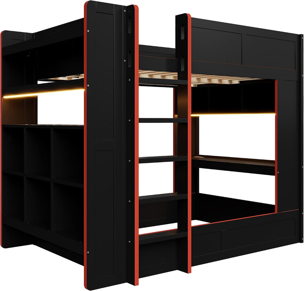 RUNNA Full Size Wood Gaming Bunk Bed with Desk, Storage Shelves, LED and Charging Station, Study & Play Space for Kids & Teens