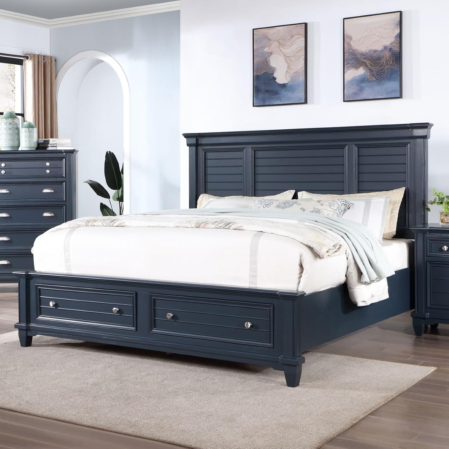 MASARA Transitional 3-Piece Bedroom Set in Slate Blue, Solid Wood Panel Bed with Storage Footboard, Queen/King/California King with 2 Nightstands (King)