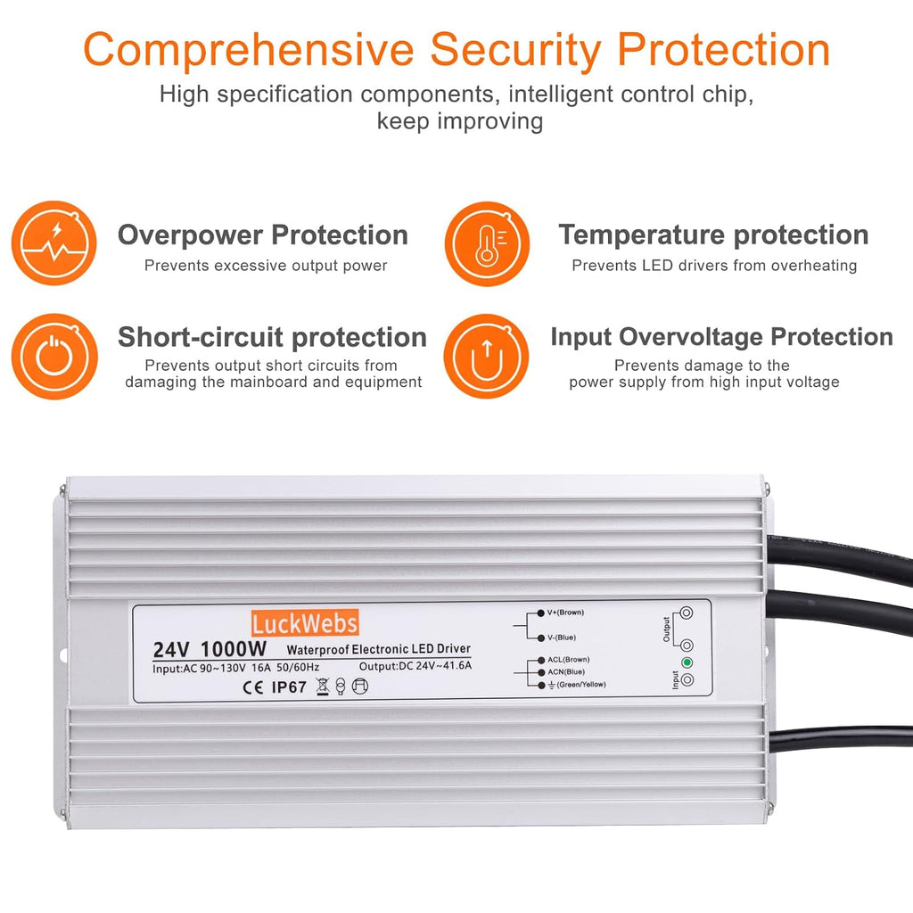 LED Driver 24V 1000W Waterproof Power Supply AC90-130V to DC24V41.6A Switching Power Supply IP67 Converter Suitable for Outdoor LED Lighting and Any 24V DC Equipment