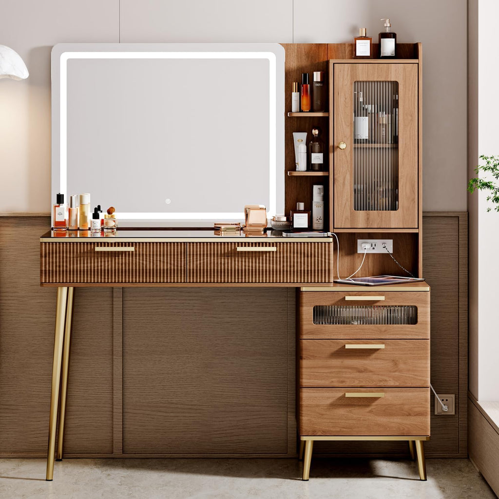 Arulvmrn Vanity Desk with 29.53' HD Lighted Mirror, 47.24' Big Modern Vanity Desk with Mirror and Lights, Makeup Vanity with 5 Drawers and Storage Shelves and Charging Station,Brown1