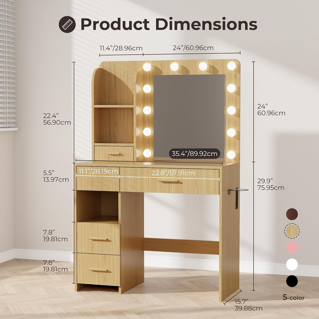 Otterease Vanity Desk with LED Lighted Mirror&Power Outlet, 3 Lighting Colors Makeup Vanity with 5 Large Drawers and 3 Storage Shelves, White Vanity with Storage Stool for Bedroom, Natural(no Stool)