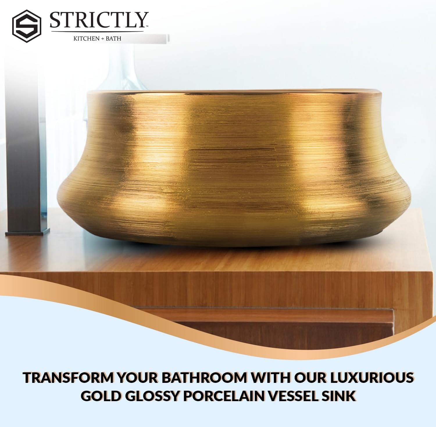 Strictly Sinks 14 Inch Bathroom Vessel Sink – Glossy Gold Ceramic Countertop Bathroom Sink – Easy to Install Above Counter Luxurious Vessel Sink for Bathroom (14″ W x 14″ L x 5-1/2″ H)