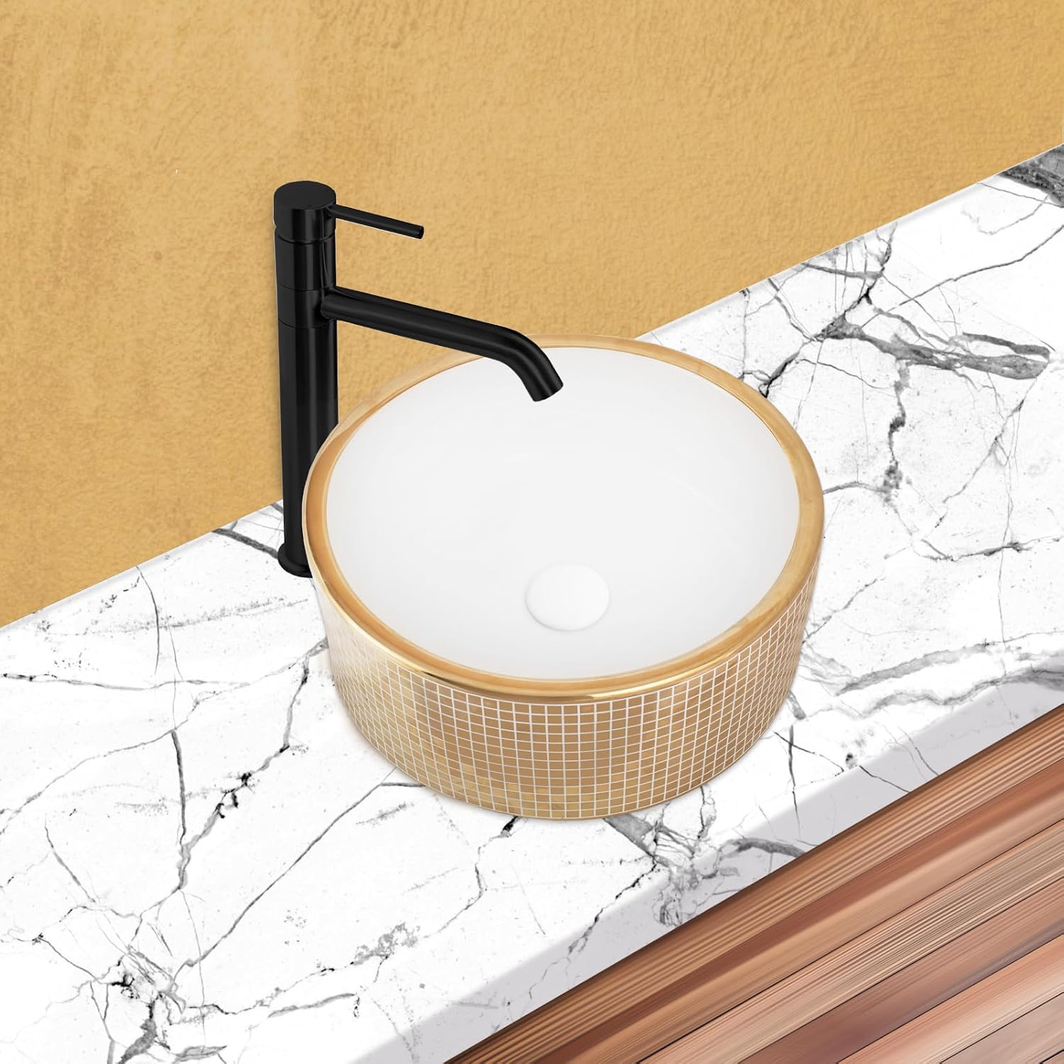 Strictly Sinks 16 Inch Gold Vessel Sink – Round Mosaic Ceramic Countertop Bathroom Sink – Easy to Install Above Counter Luxurious Vessel Sink for Bathroom (16-5/8″ W x 16-5/8″ L x 7-11/16″ H)