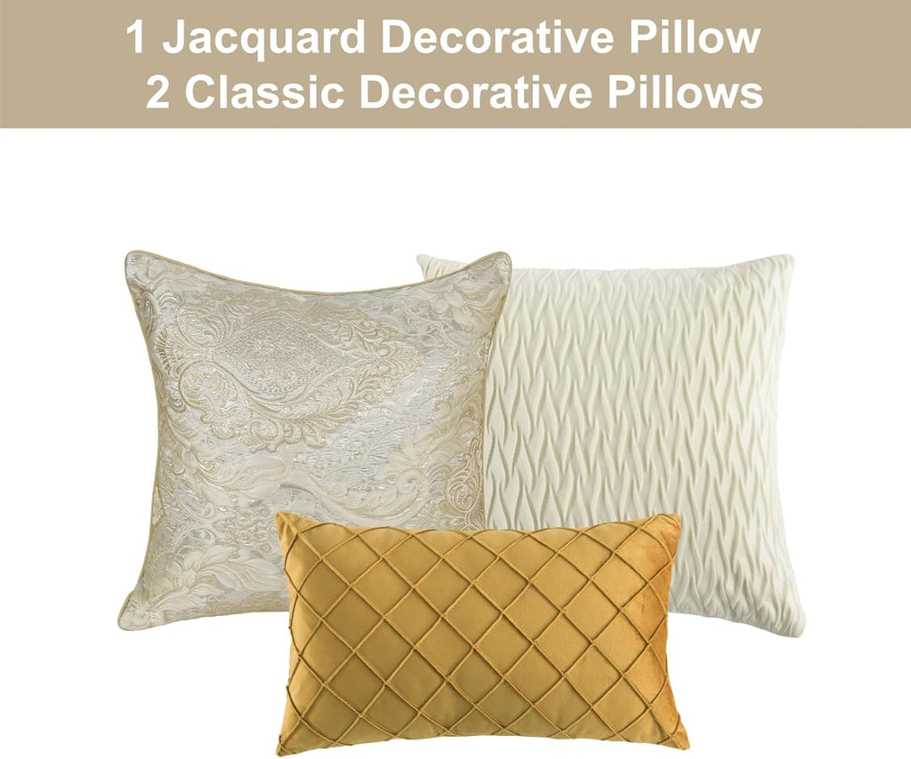 Bedduvit Luxury 7 Piece Bed in Bag, Vintage Damask Jacquard Thick California King Comforter Set, Luxurious Genuine Patchwork Cal King Bedding Set with Bed Skirt, Decor Pillows, Shams, Gold/Beige/Cream