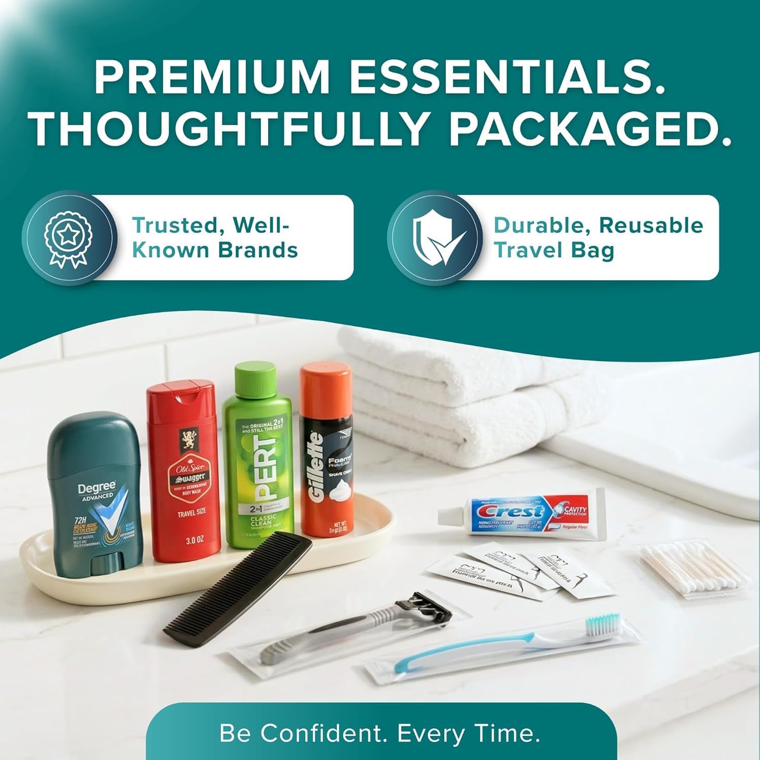TrekTote Bulk 50 Case Pack of Men's 15 Piece Set Hygiene Kits, Travel Size Toiletries, Deodorant, Shampoo, Body Wash, Shaving Cream, Razor, Toothbrush, Toothpaste, Comb, Flossers, Swabs