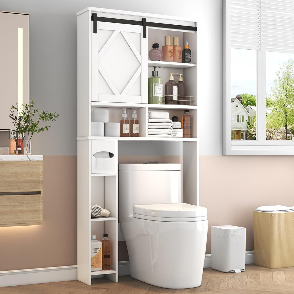 Over the Toilet Storage Cabinet with Farmhouse Sliding Barn Door, Above Toilet Organizer with Toilet Paper Holder Stand, Behind Toilet Shelf, Space Saver for Restroom, Bathroom, Laundry, White