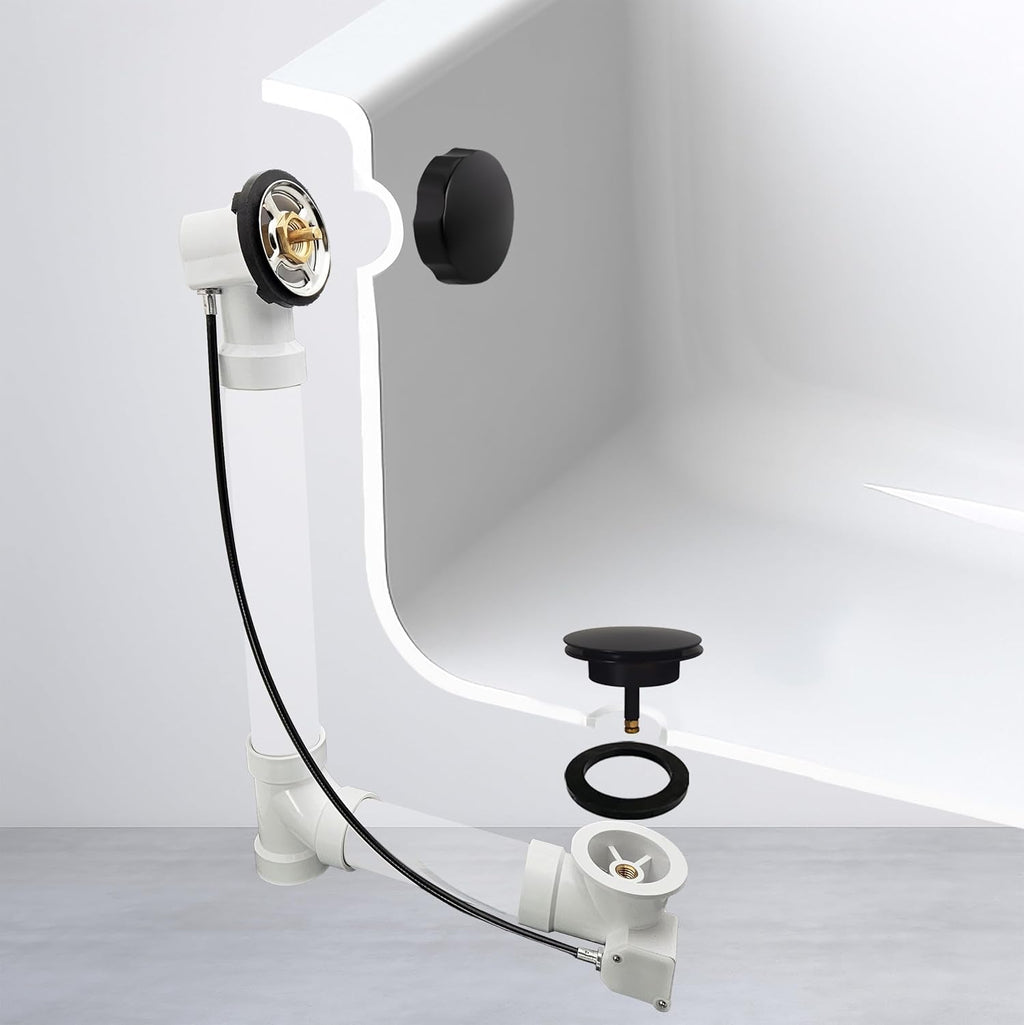 Westbrass A50P45-62 45' SCH. 40 PVC Cable Driven Bath Drain Trim Kit with Rotary Overflow Cover Knob and Pop-Up Stopper, Matte Black