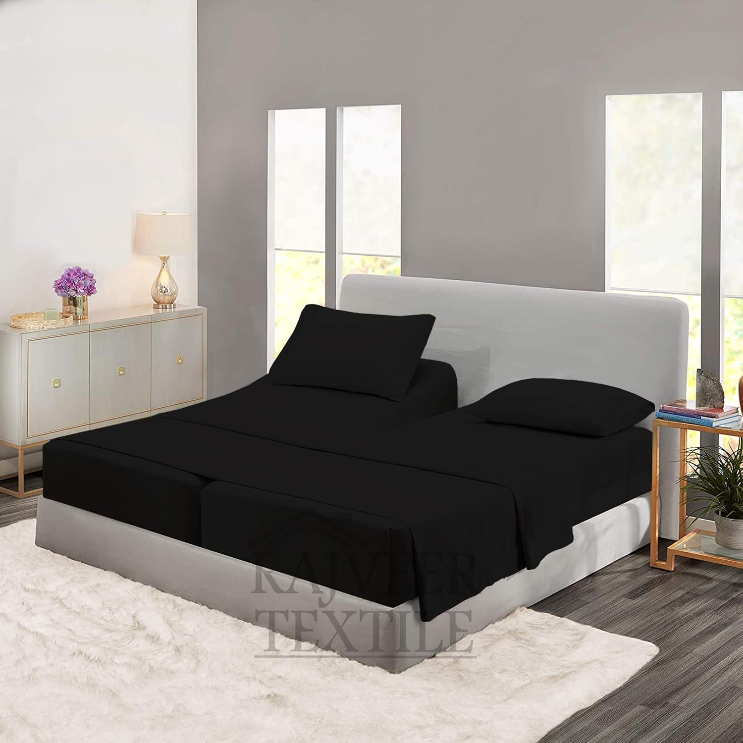 Cotton Home- 5 Pieces Split Queen Size Black Color Sheet Set – Soft Quality Luxury 18 Inch Deep Pocket & Bedding Set with Flat Sheet, Fitted Sheet, 2-Pillow Covers(20' x 30') Inches