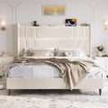 King Size Bed Frame and Tall Headboard, 52' Upholstered Platform Bed Frame with Charging Station, Luxury Velvet Bed Frames/Curved Wingback Headboard, No Box Spring Needed, Easy Assembly, Sturdy, Beige