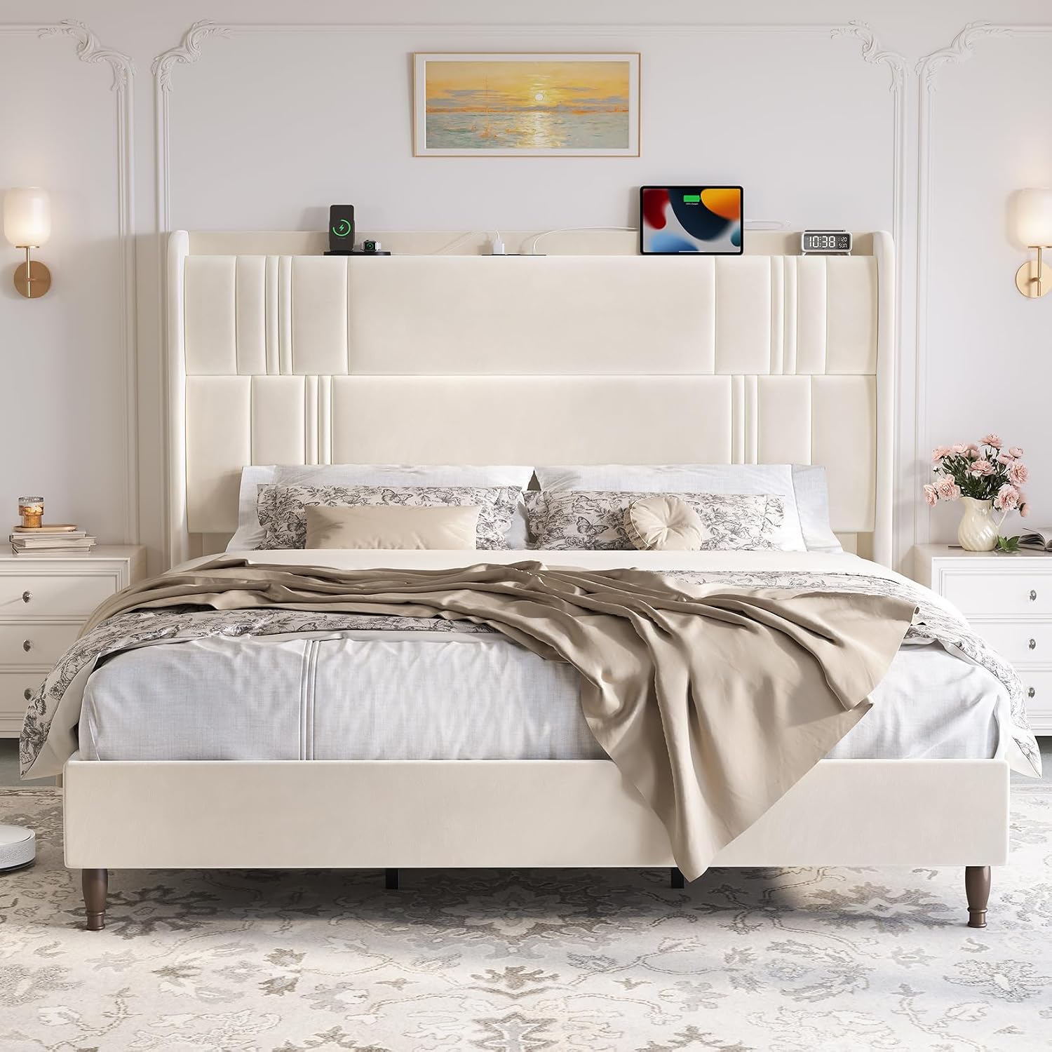 King Size Bed Frame and Tall Headboard, 52' Upholstered Platform Bed Frame with Charging Station, Luxury Velvet Bed Frames/Curved Wingback Headboard, No Box Spring Needed, Easy Assembly, Sturdy, Beige