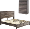 LUXOAK 2 Pcs Bedroom Furniture Sets - Includes 1 X Farmhouse 5 Drawers Dresser, 1X Farmhouse Queen Size Bed Frame with 49' Tall Headboard, Wooden Platform Bed with Hidden Metal Bed Frame, Rustic Grey
