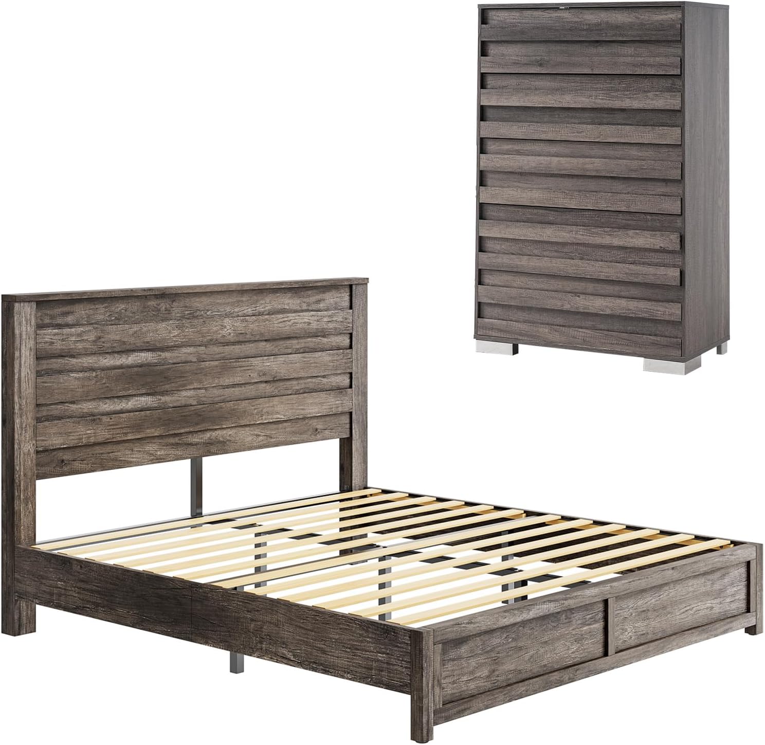 LUXOAK 2 Pcs Bedroom Furniture Sets - Includes 1 X Farmhouse 5 Drawers Dresser, 1X Farmhouse Queen Size Bed Frame with 49' Tall Headboard, Wooden Platform Bed with Hidden Metal Bed Frame, Rustic Grey