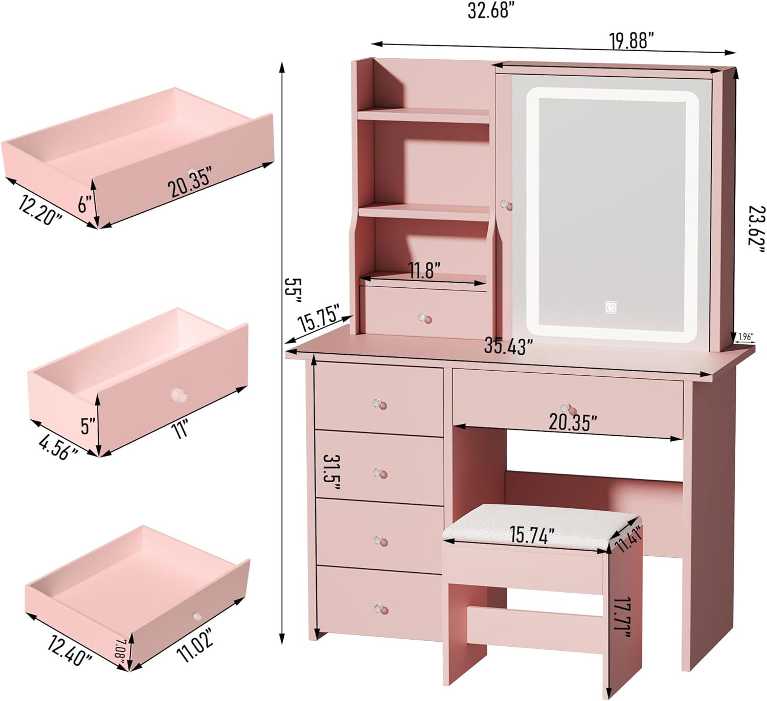 DYHOME Makeup Vanity Desk with LED Lights Mirror 3 Adjustable Modes and Power Outlets, Vanity Table with 6 Drawers Dresser and Bench, Makeup Desk for Bedroom Dressing Room, Pink