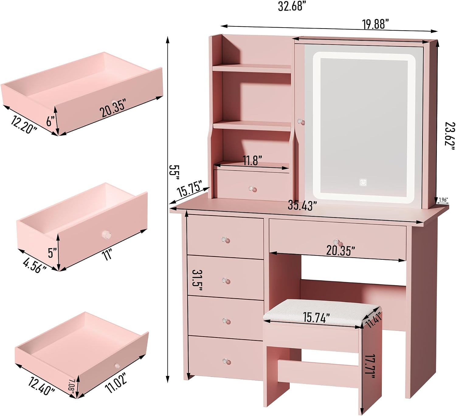 Vanity Desk with Mirror and LED Lights, Makeup Vanity Set with Power Outlet, and Stool,Jewelry Storage,Pink Vanity Desk for Bedroom