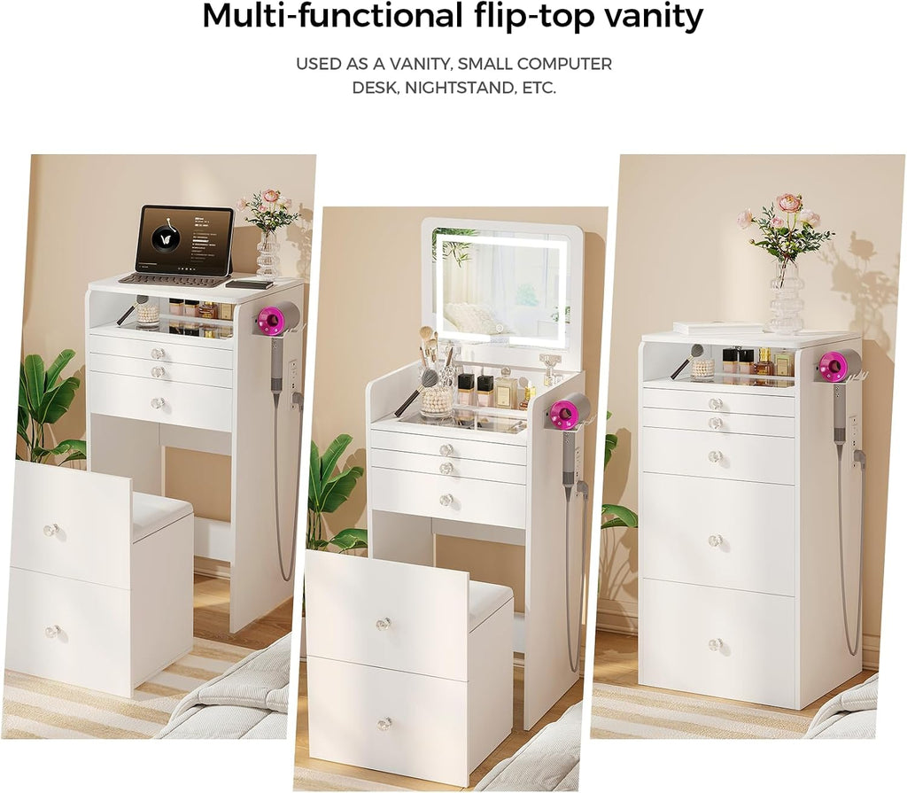 VOWNER 3-in-1 Vanity Desk with Flip Top LED Light Mirror and Glass Desktop, Small Makeup Vanity with 3 Drawers, Compact Dressing Table with Stool for Bedroom, White 19' L