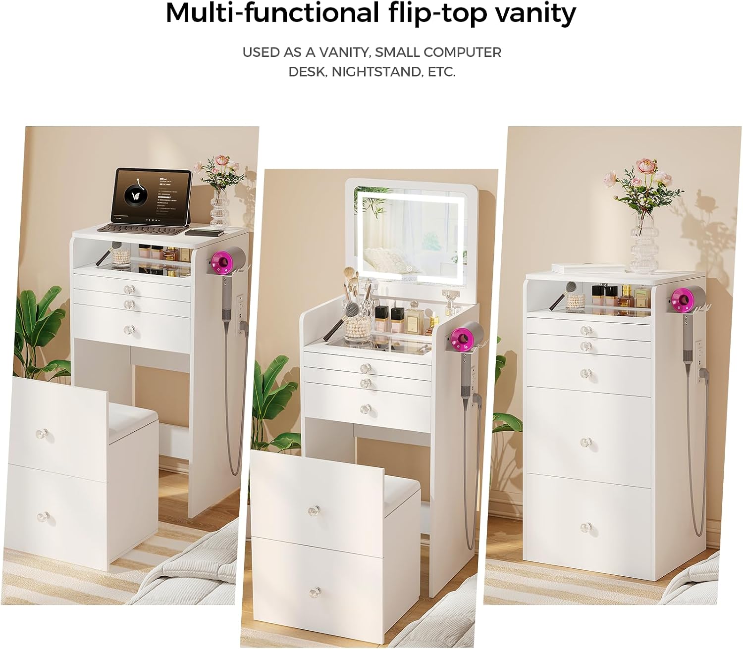 VOWNER 3-in-1 Vanity Desk with Flip Top LED Light Mirror and Glass Desktop, Small Makeup Vanity with 3 Drawers, Compact Dressing Table with Stool for Bedroom, White 19' L
