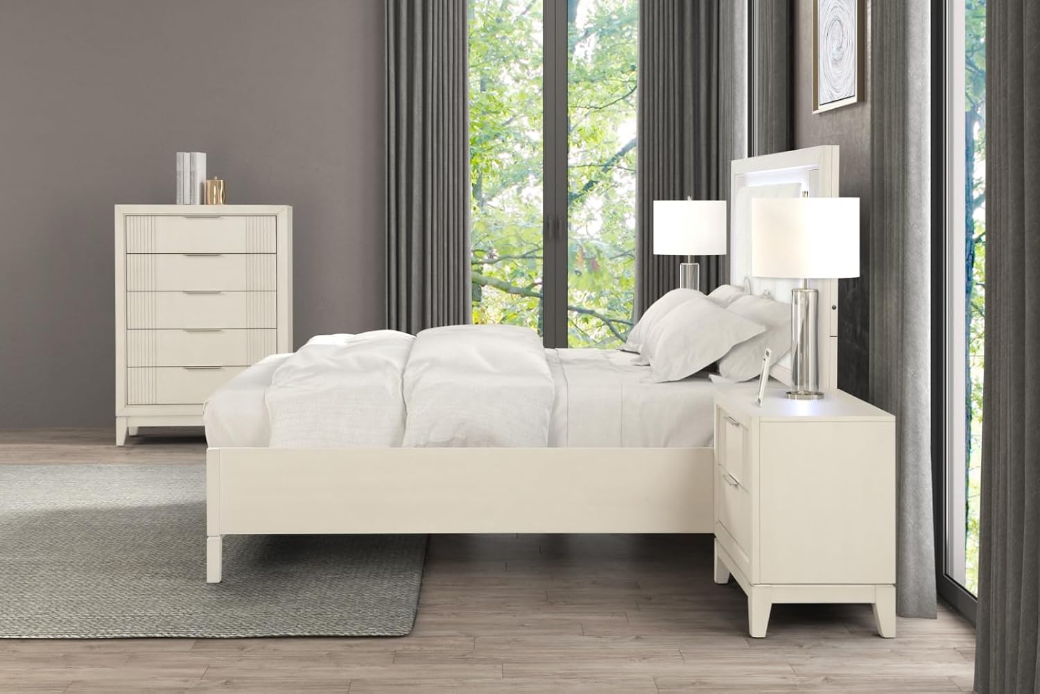 MASARA 3-Piece Transitional Bedroom Set, Antique White, King or Queen Bed with 2 Nightstands, Fluted Design, Birch Veneer and Solid Wood Construction (Queen)