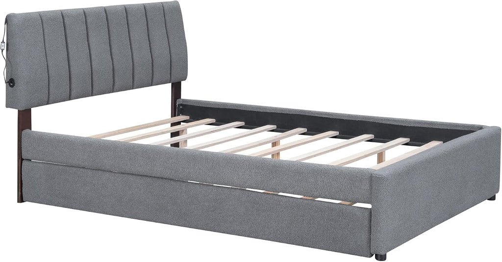 Ball & Cast Full Szie Upholstered Bed Frame with LED Light and Trundle,Teddy Fleece Platform Bed w/Channel Tufted Headboard &Wooden Slats Support,No Box Spring Needed, for Bedroom,Gray