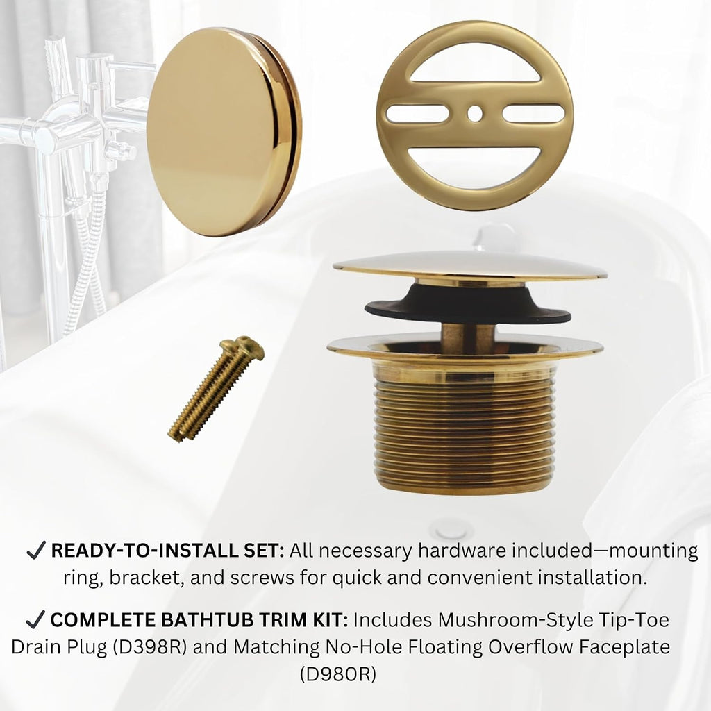 Westbrass A325H-01 14' Brass Bath Waste & Overflow Assembly with European Tip-Toe Drain Plug and Illusionary Faceplate, Polished Brass