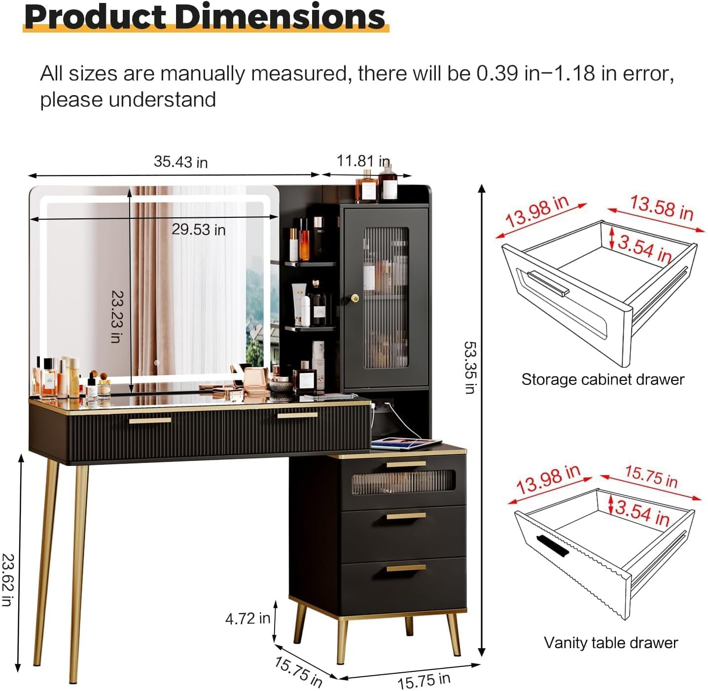 Arulvmrn 47.24' Big Modern Vanity Desk with Mirror and Lights, Vanity Desk with 29.53' HD Lighted Mirror, Makeup Vanity with 5 Drawers and Storage Shelves and Charging Station, Black2