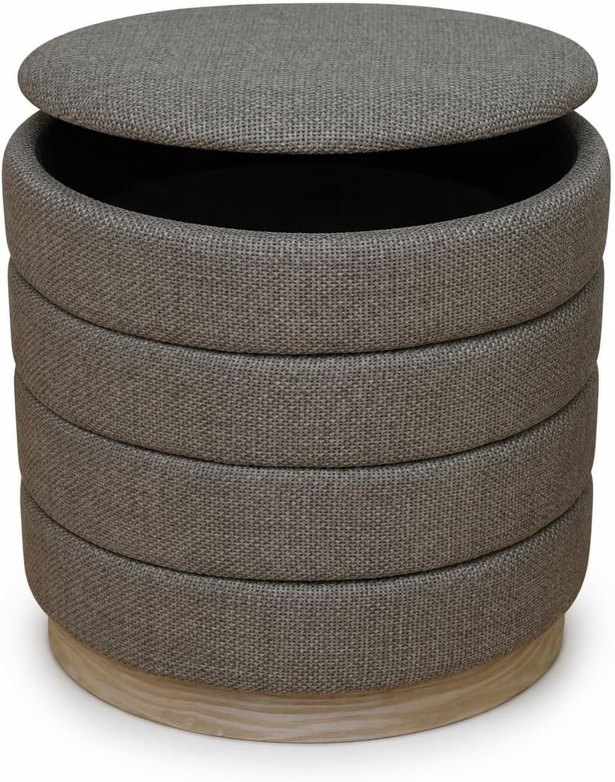 Ottoman Collection Stylish Linen Cylinder Storage Tan Round Footrest Vanity Stool Furniture Living Room Small Bench 16' L X16 W X 17' H