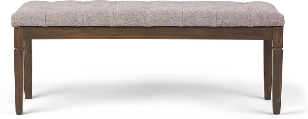 SIMPLIHOME Waverly Tufted Ottoman Bench - 48 inch Wide Upholstered Linen Look Fabric Rectangle Footstool Ottoman in Cloud Grey, Traditional Bench for Bedroom, Entryway or Living Room with Carved Legs