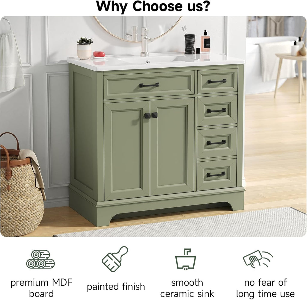 ONBRILL 36' Luxurious Bathroom Vanity with Ceramic Sink, Modern Freestanding Bathroom Single Sink Vanities Cabinet with 2 Soft Closing Doors & 2 Drawers, Adjustable Shelf & Paint Surface (Green)
