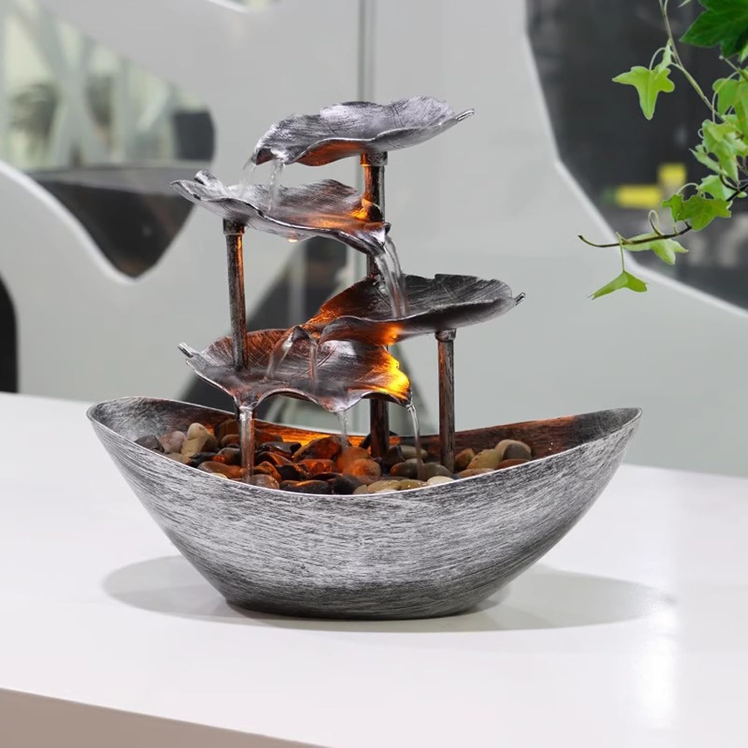 Tabletop Fountain Desktop Lotus Leaf Yuanbao Flowing Water Fountain Decoration Living Room Screen Porch Home Decoration, LED Atmosphere Night Light Desktop Fountain (Color : D)