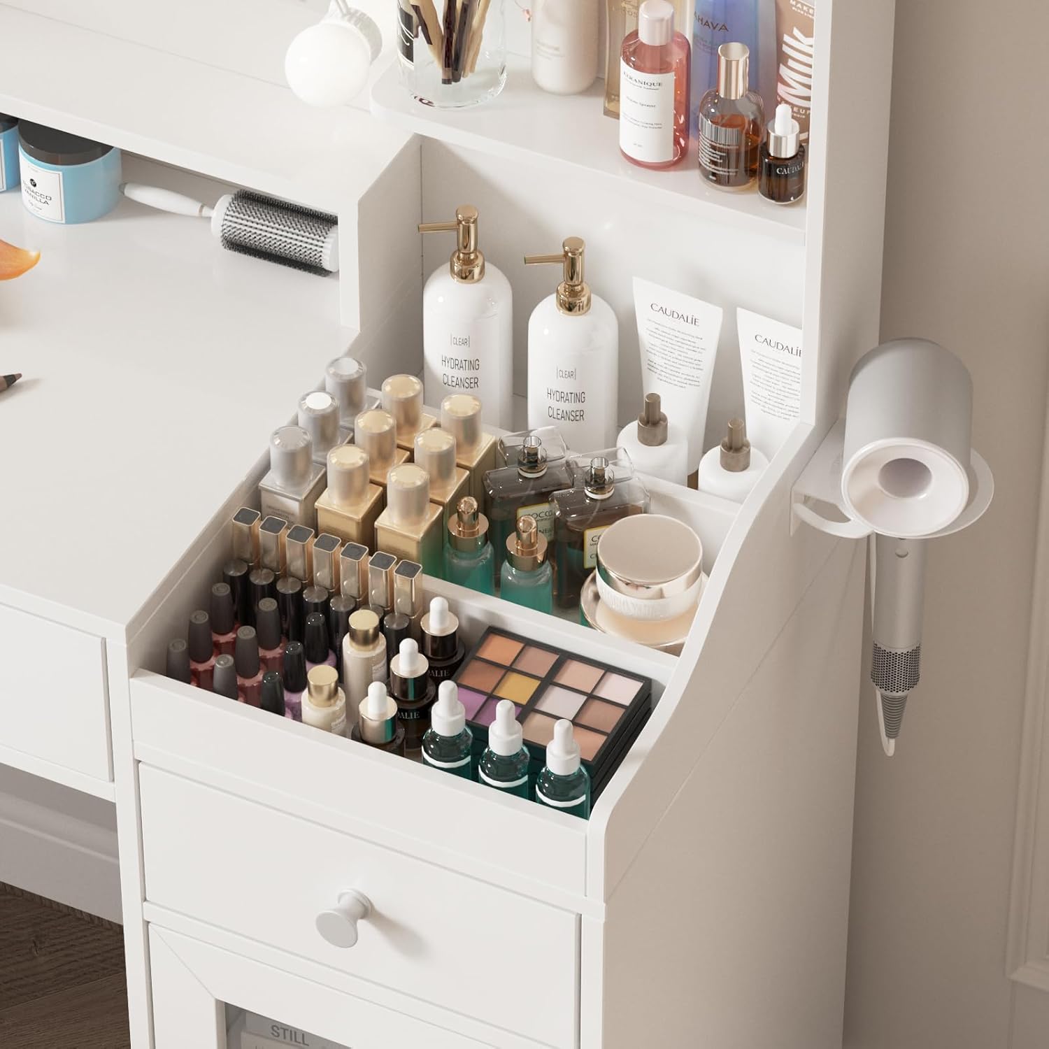 Vabches Vanity with Mirror and Lights, Makeup Vanity Table with Charging Station, Cute Vanity Set with Comfortable Bench, Dressing Table with 3 Storage Compartments, 39.8inch, White