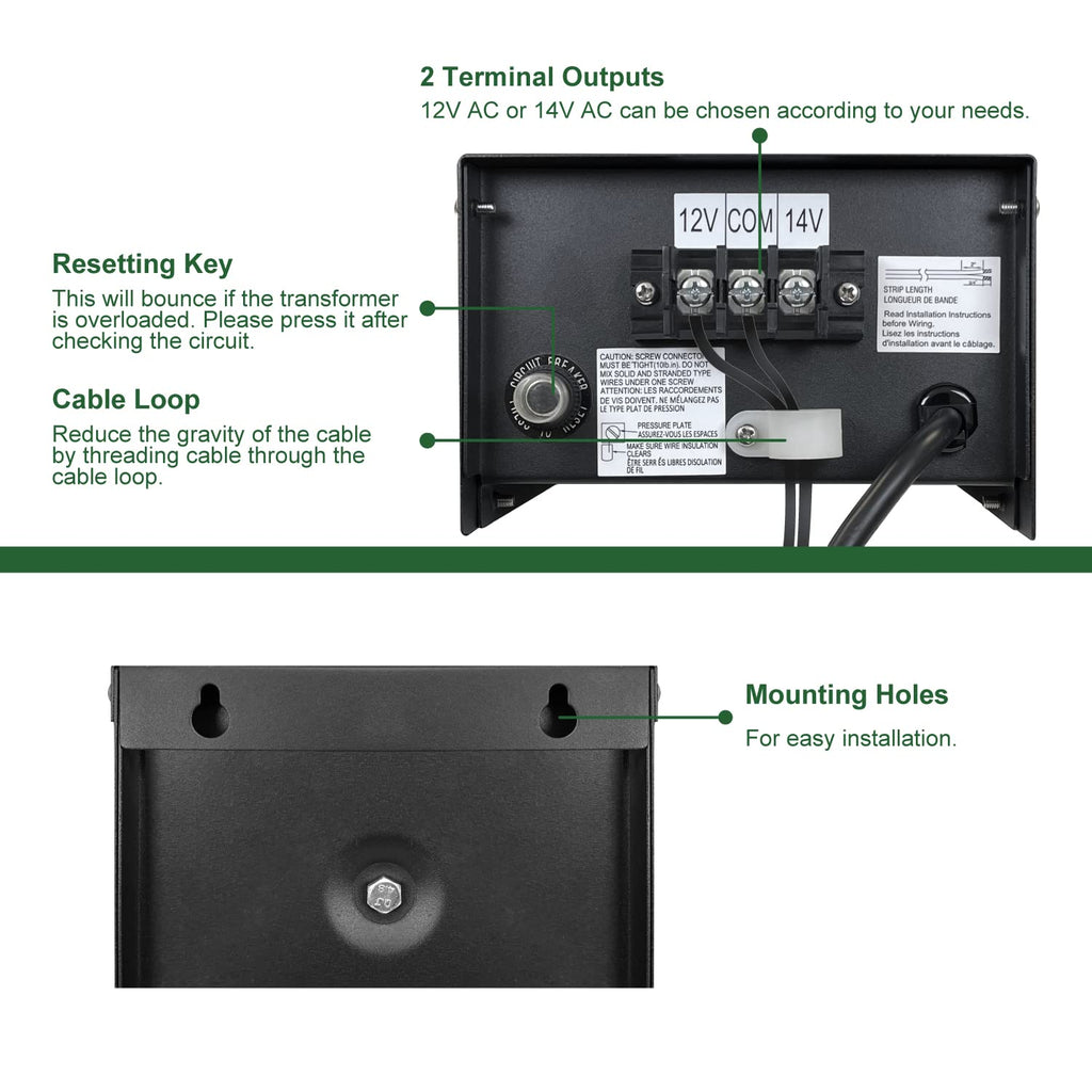 GKOLED ETL Listed 300W Low Voltage Transformer for Landscape Lighting with Timer and Photocell Sensor, 120V AC to 12V/14V AC Power Pack, Fully Encapsulated Toroid Core, CEC VI Certified